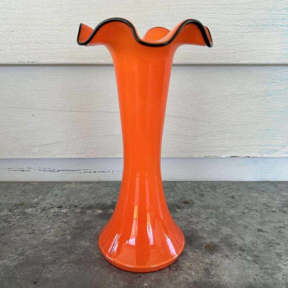 Vintage Czech Bohemian Tango Glass Vase Orange Tangerine Retro Black Rim 8” Deco